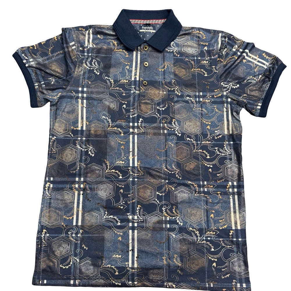 Portabella NY Navy Gold Pattern Polo Shirt Mens Small Classic Casual Style